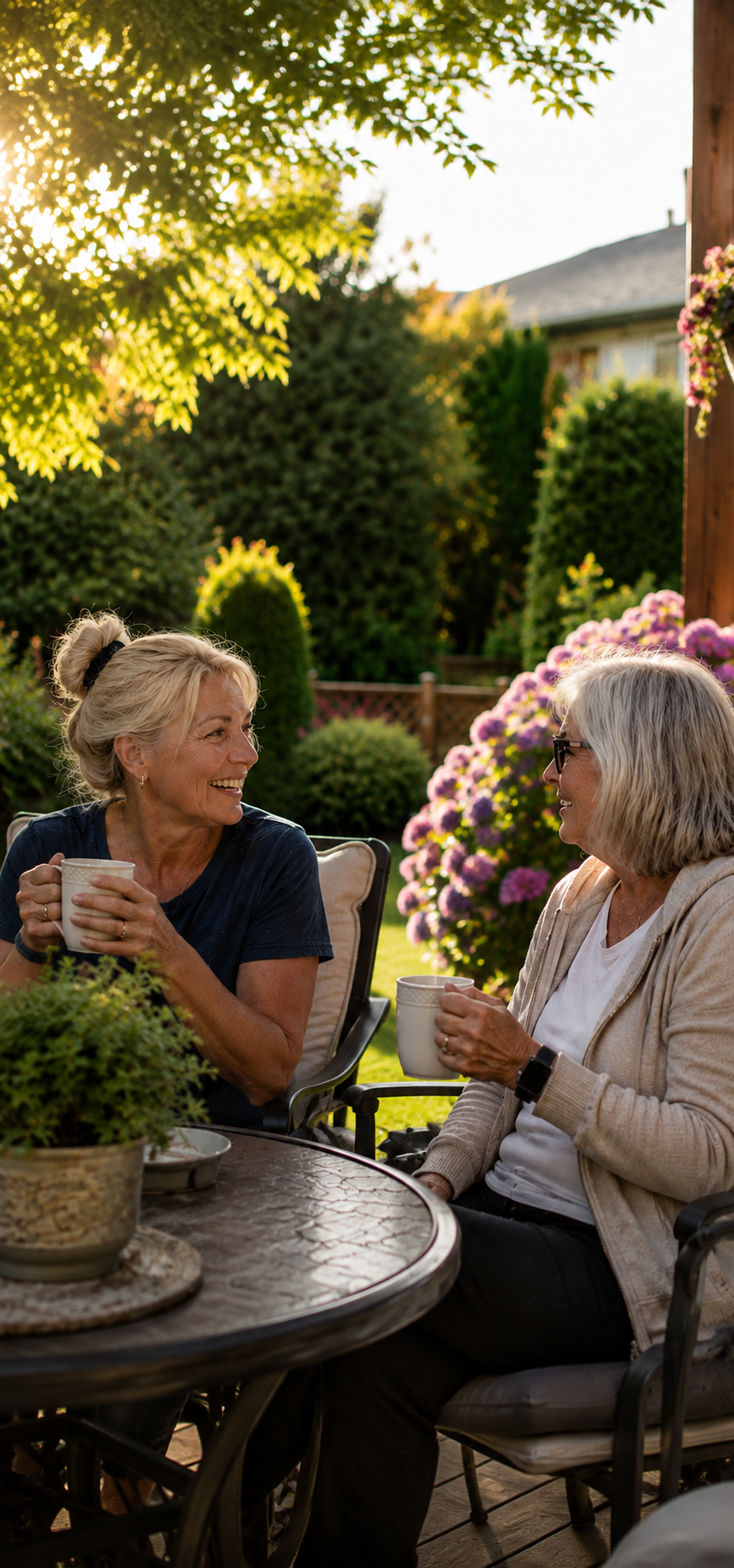 Residents enjoying coffee together in the Deerwood Place Estates gardens
